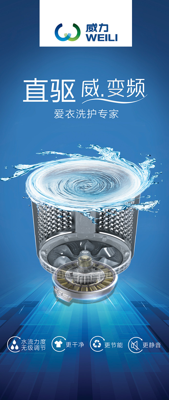 全芯動(dòng)力 潔凈無(wú)界——威力洗衣機(jī)直驅(qū)變頻波輪洗衣機(jī)包柱海報(bào)設(shè)計(jì)