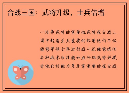 合战三国：武将升级，士兵倍增