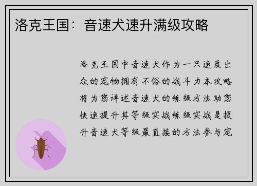 洛克王国：音速犬速升满级攻略